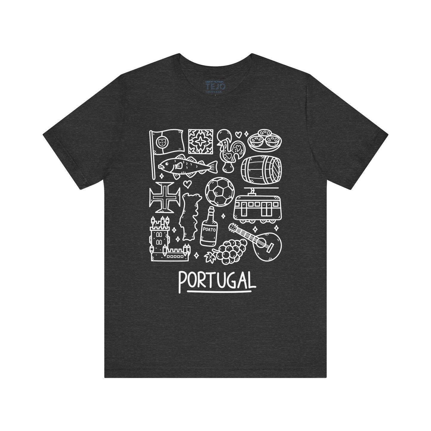 The Portuguese Doodles Jersey by Printify is a black Bella+Canvas unisex short sleeve tee showcasing white illustrations of Portugal-themed icons, such as a castle, grapes, fish, barrel, tiles, rooster, and Portuguese cross, arranged in a collage. Made from soft cotton for ultimate comfort. The word "PORTUGAL" is prominently displayed at the bottom in capital letters.