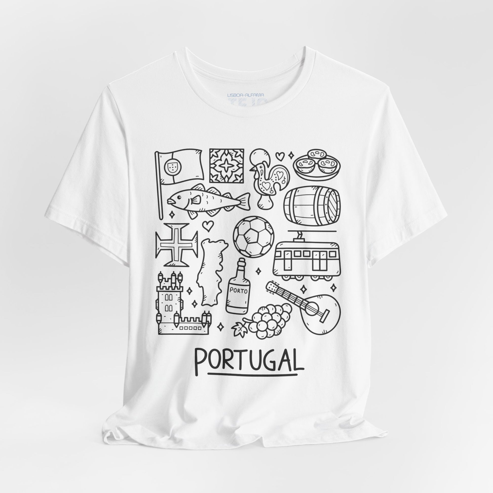 The Portuguese Doodles Jersey by Printify is a white unisex short sleeve tee made from soft cotton by Bella+Canvas. It showcases black line drawings of various Portuguese symbols, including a flag, fish, tiles, pastries, a soccer ball, a wine barrel, a tram, a castle, a guitar, grapes, the outline of Portugal and the word "PORTUGAL" at the bottom.