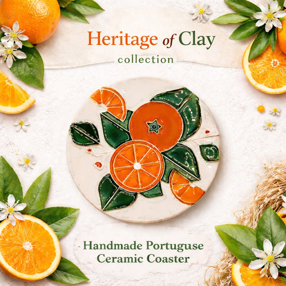 The Algarve Orange Harvest Ceramic Coaster by Miradouro Ceramics is a round, handmade piece featuring vibrant orange fruit and green leaf designs, showcasing Portuguese craftsmanship and inspired by fresh oranges in the Algarve.