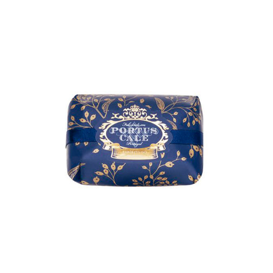 A rectangular package of Castelbel Festive Blue Soap 150g with a dark blue and gold floral pattern and a central white label featuring the product name.