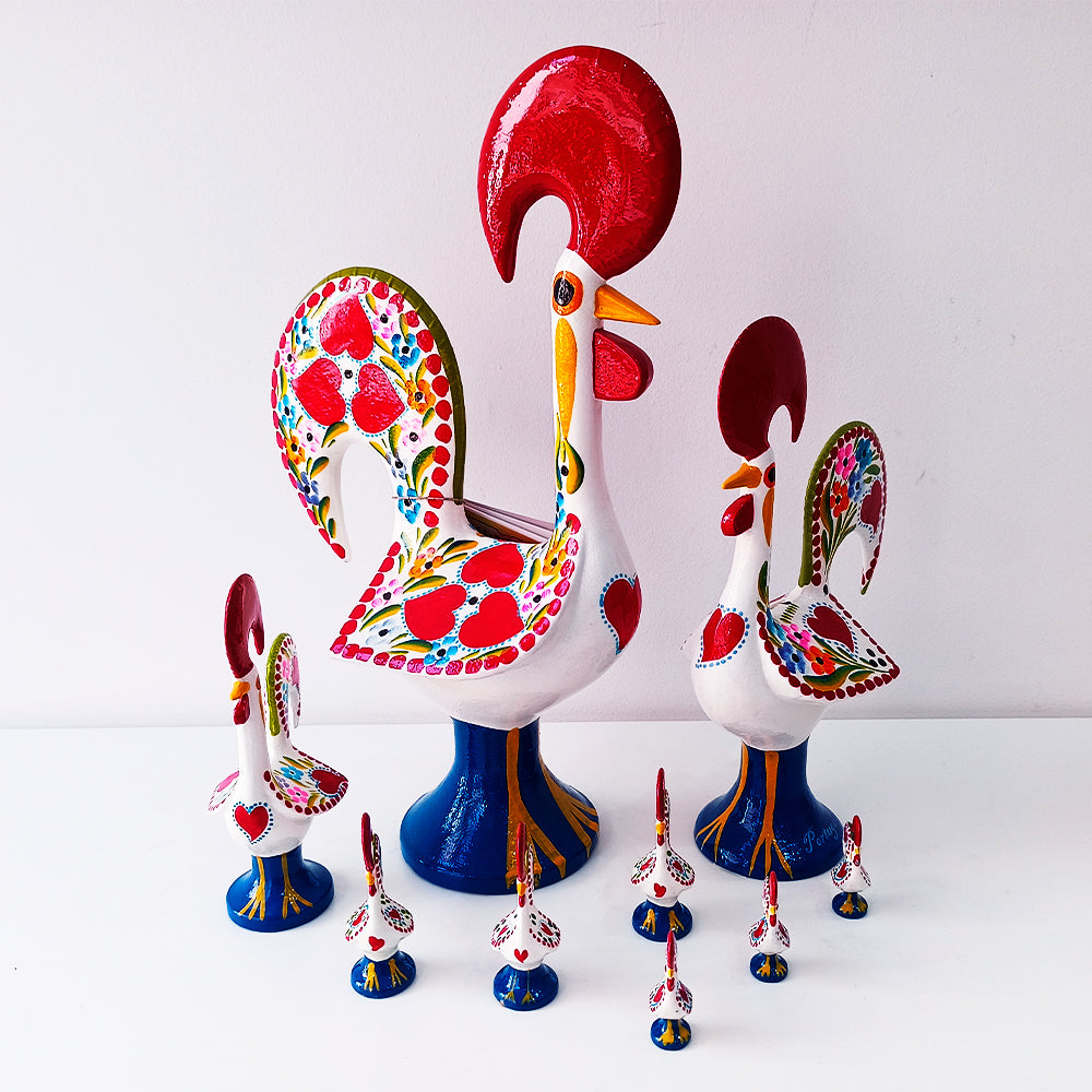 Hand-made and hand-painted Barcelos Roosters, with the Typical painting style of the reason of Barcelos, Portugal.