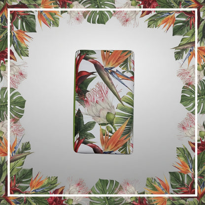 The 100ml Ilha da Madeira 1419 – The Atlantic Garden soap bar features a vibrant tropical floral design and Madeira fragrance, set against a light background with a matching floral border.