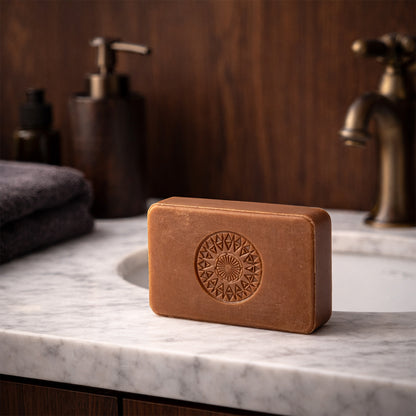 The Índia 1498 – Route of Spices soap by 100ml, featuring a geometric pattern, rests on a marble countertop beside a folded dark towel, soap dispenser, and bronze faucet.