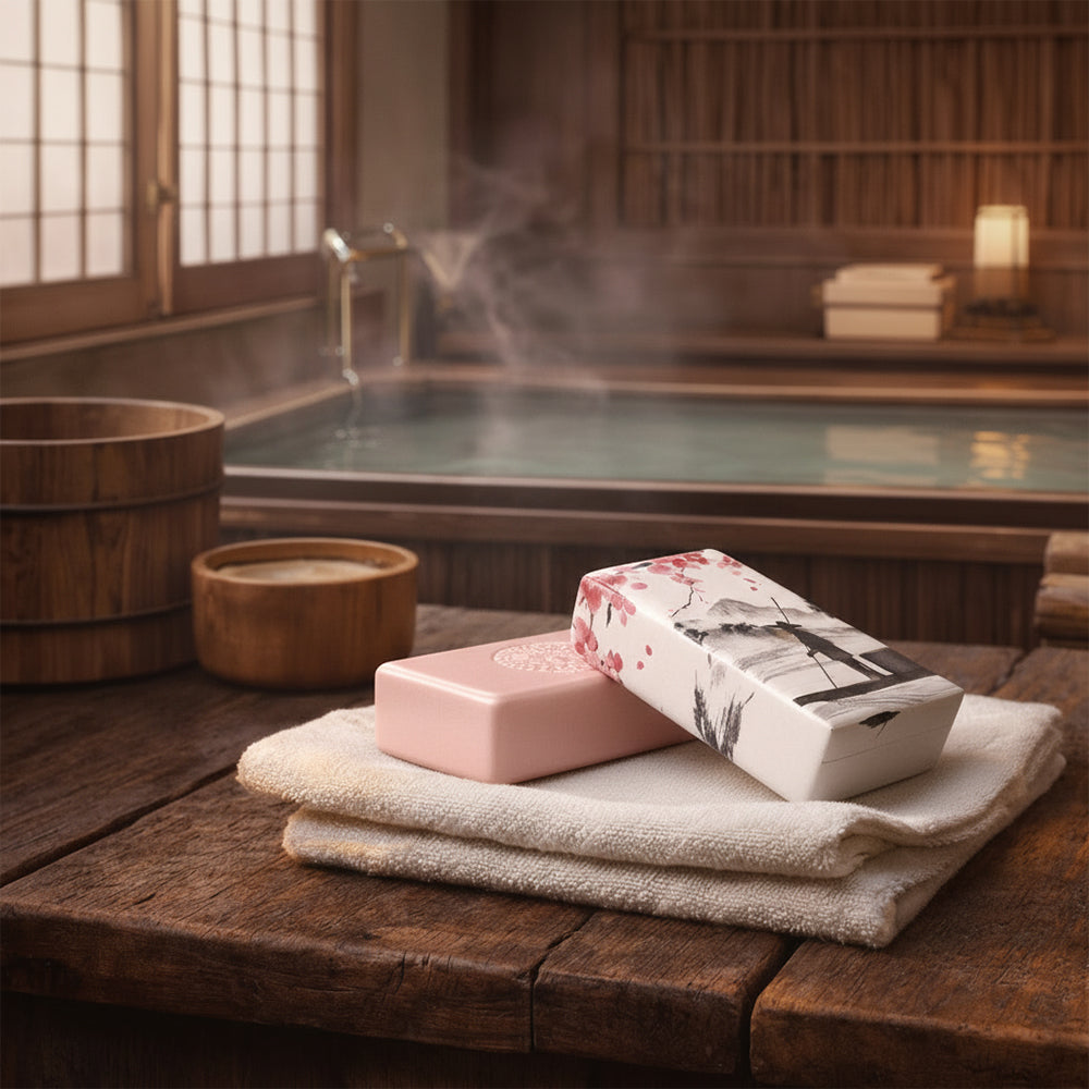 Two bars of Japão 1543 – Encounter of Worlds soap by 100ml, including a cherry blossom variant in decorative packaging, rest on folded white towels atop wood. Behind them is a traditional steaming Japanese bath with soft ambient lighting.