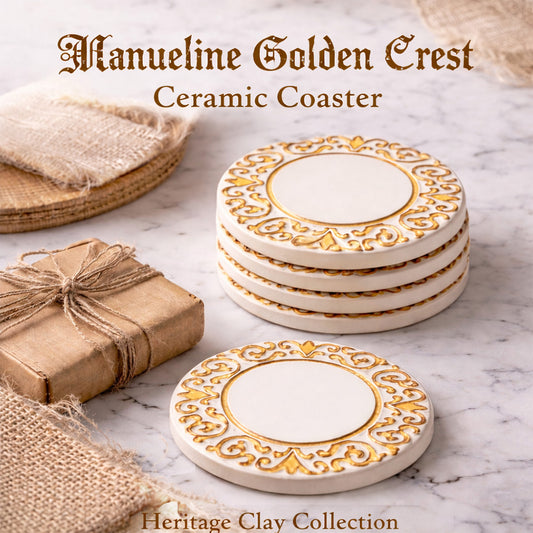 Four white ceramic coasters with golden patterns, from Miradouro Ceramics' Manueline Golden Crest collection, are stacked on marble near burlap and a wrapped package. Text: "Handmade in Portugal, Heritage Clay Collection.