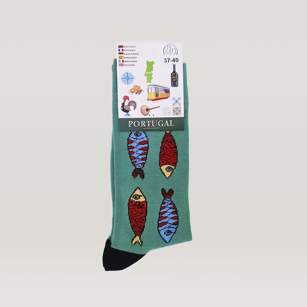 A pair of high-quality Tejo Shop cotton socks with Portuguese Sardine design.
