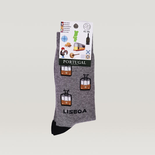 A Portuguese Trams sock with the word Tejo Shop on it.