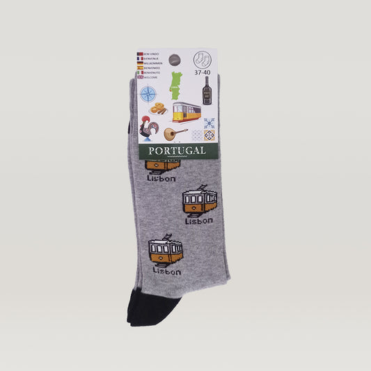 A pair of Socks - Portuguese 2D Trams with a train on them from Tejo Shop.
