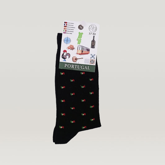 A Portuguese Flag Pattern sock from Tejo Shop, with a playful elegance, featuring a black base color adorned with a red and white polka dot design.