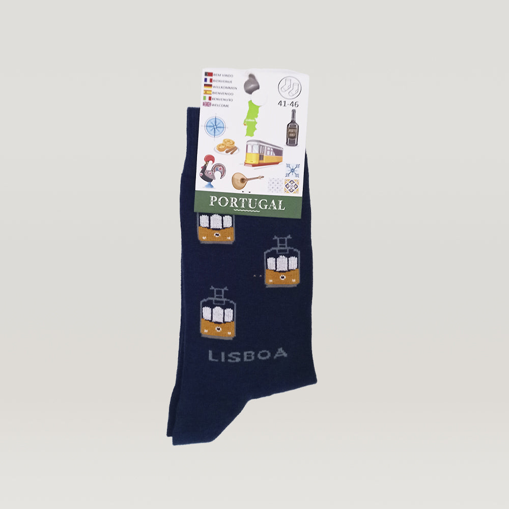 A pair of Portuguese Trams cotton socks with a train on them from Tejo Shop.