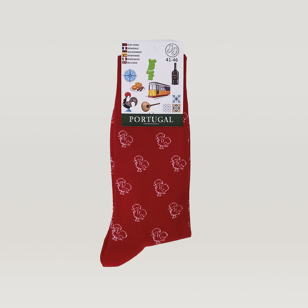 A stylish Socks - Elegant Barcelos Rooster Pattern sock with a logo on it from Tejo Shop.