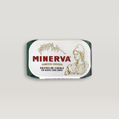 A package of Minerva Mackerel Fillets in Olive Oil With Lemon – Limited Edition on a white background.