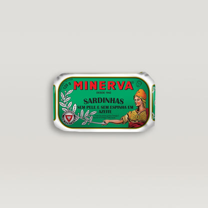 A tin of Minerva Skinless and Boneless Sardines in Olive Oil on a white background.