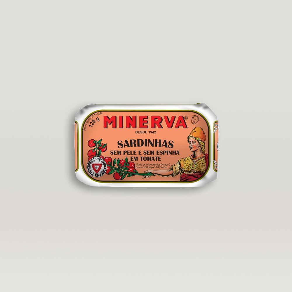 A tin of Minerva Skinless and Boneless Sardines in Tomato, on a white background.