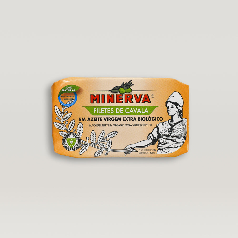 An image of a bar of Minerva Mackerel Fillets in Organic Extra Virgin Olive Oil on a white background, showcasing its flavor and organic nature.