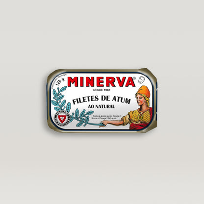 A tin with the brand name Minerva on it containing Tuna Fillets – In Water.