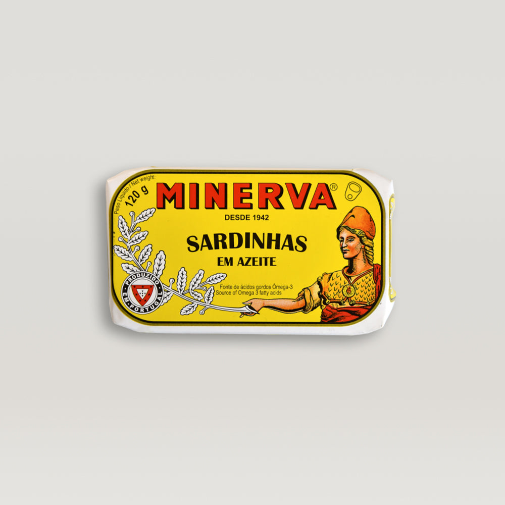 A tin of Minerva Sardines in Olive Oil on a white background.