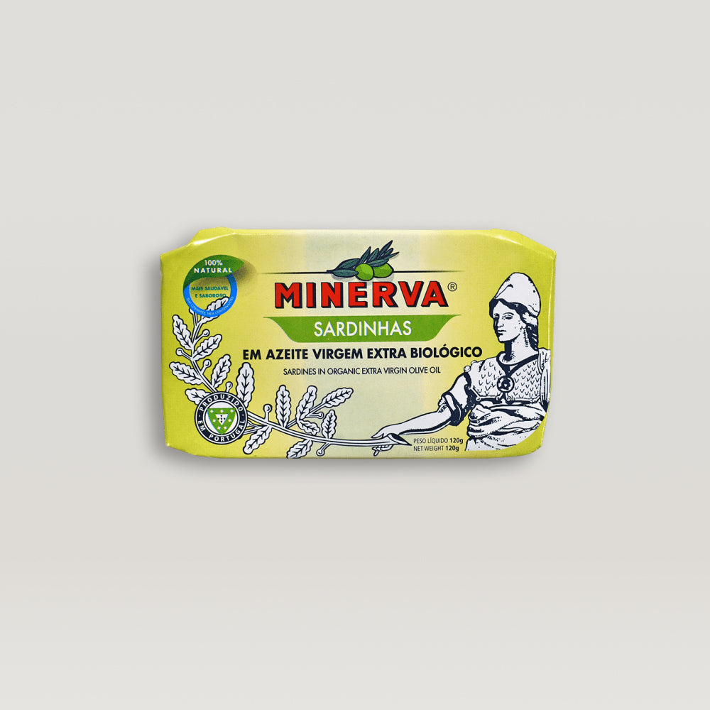A package of Minerva Sardines in Organic Extra Virgin Olive Oil on a white background.