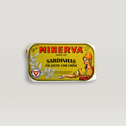 A label for Minerva Portuguese technique Sardines in Olive Oil with Lemon on a white background.