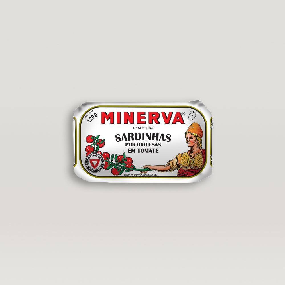 A tin of Minerva Sardines in Tomato, showcased on a pristine white background.
