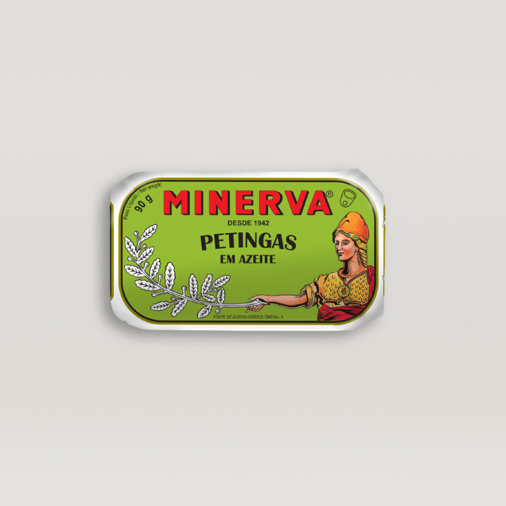 A small tin with the word Minerva on it, containing Small Sardines in Olive Oil from the Portuguese coast.