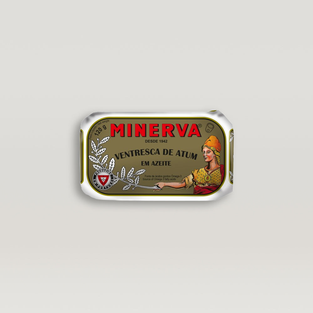 A label with the word Minerva on it, featuring a Tuna Ventresca in Olive Oil design.