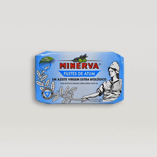 A bar of Tuna Fillets in Organic Extra Virgin Olive Oil with the brand name Minerva on it, made from superior quality organic ingredients such as organic extra virgin olive oil.