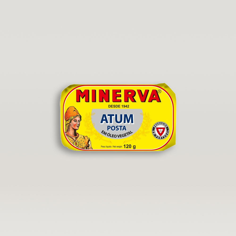 A tin of Solid Pack Tuna in Vegetable Oil, from the brand Minerva, with superb flavor.