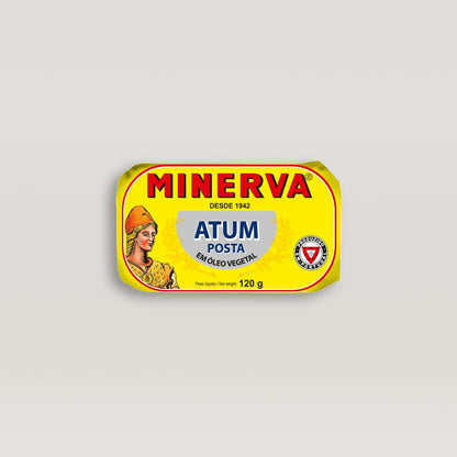 A tin of Solid Pack Tuna in Vegetable Oil, from the brand Minerva, with superb flavor.