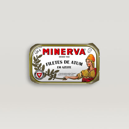 A tin with the word Minerva on it containing Tuna Fillets in Olive Oil.