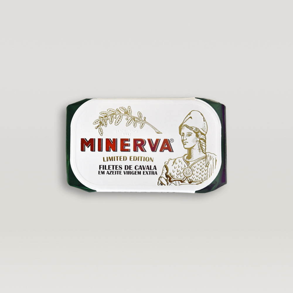 A label with the word Minerva on it, along with Mackerel Fillets in Extra Virgin Olive Oil – Limited Edition.