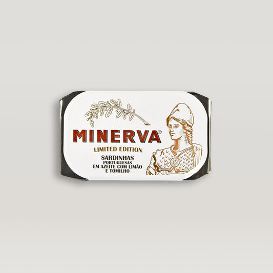 A label with the word "Skinless and Boneless Sardines in Olive Oil with Lemon – Limited Edition" by Minerva featuring Atlantic sardines.
