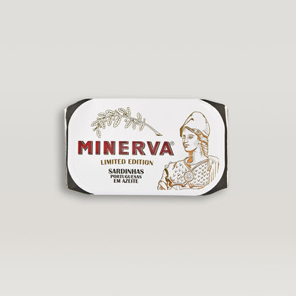 A label with the words "Sardines in Olive Oil – Limited Edition" by Minerva, featuring the Portuguese method.