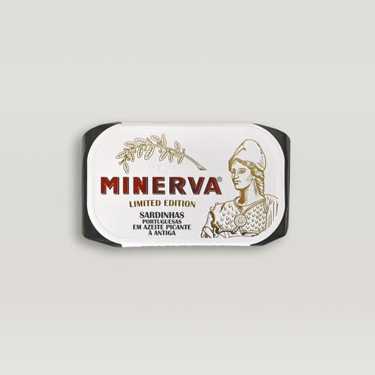 A tin of Minerva Sardines in Spiced Olive Oil with Pickles and Spices – Limited Edition on a white background.