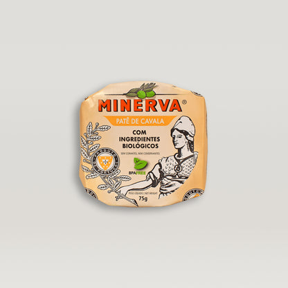 A package of Minerva Organic Mackerel Pâté, made with organic ingredients, on a white background.