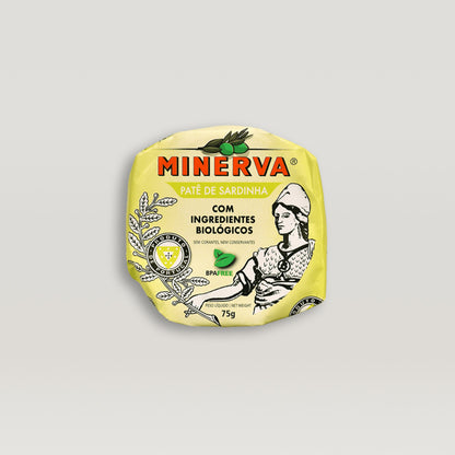 A package of Minerva Organic Sardine Pâté on a white background, featuring top-notch sardines and organic seasonings.