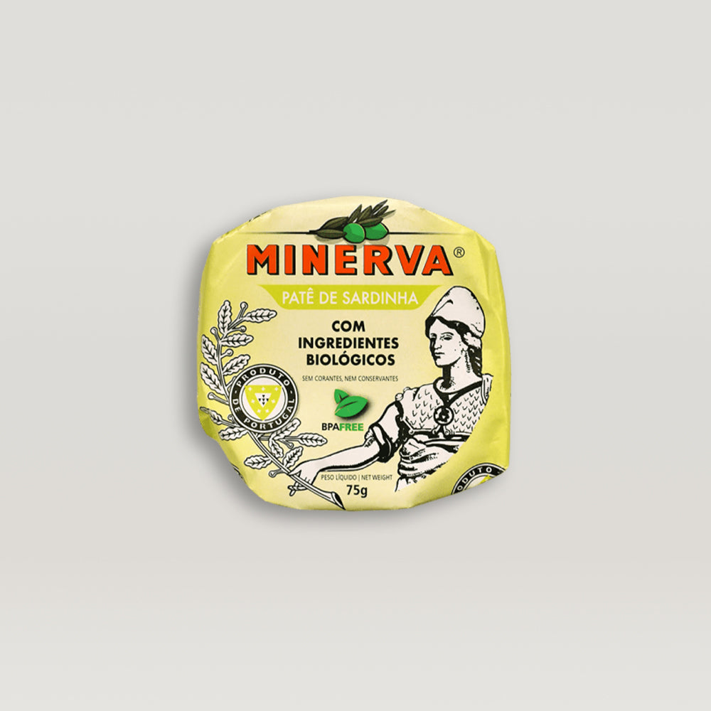 A package of Minerva Organic Sardine Pâté on a white background, featuring top-notch sardines and organic seasonings.