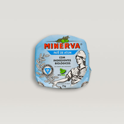 An organic package of Minerva Organic Tuna Pâté on a white background.