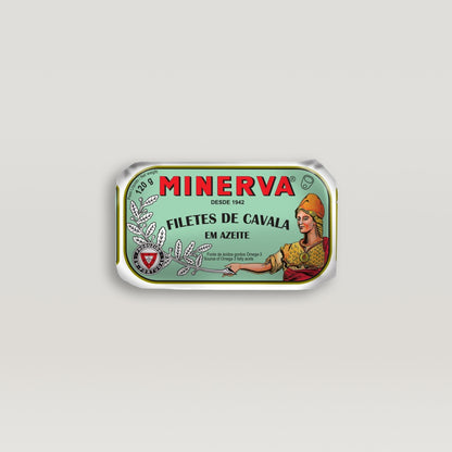 A tin with the word Minerva on it, containing hand-canned Atlantic Mackerel Fillets in high-grade olive oil.