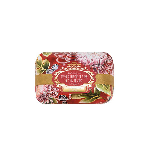 Rectangular tin with a colorful floral pattern featuring the logo "Castelbel Noble Red Soaps" and the word "soap" displayed under a golden ribbon, against a white background.