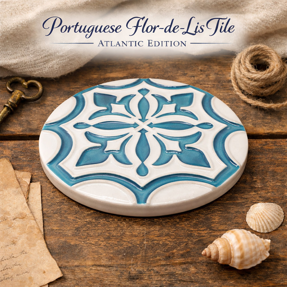 A round Miradouro Ceramics Portuguese Flor-de-Lis Tile – Atlantic Edition with a blue and white pattern rests on wood next to seashells, vintage papers, an old key, and linen. The text above reads: "Portuguese Flor-de-Lis Tile – Atlantic Edition.