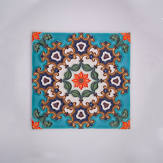 Imperial Decorative Wall Tiles from Tejo Shop featuring a symmetrical pattern with vibrant colors—turquoise background, purple, green, and orange accents, and a central red floral design.