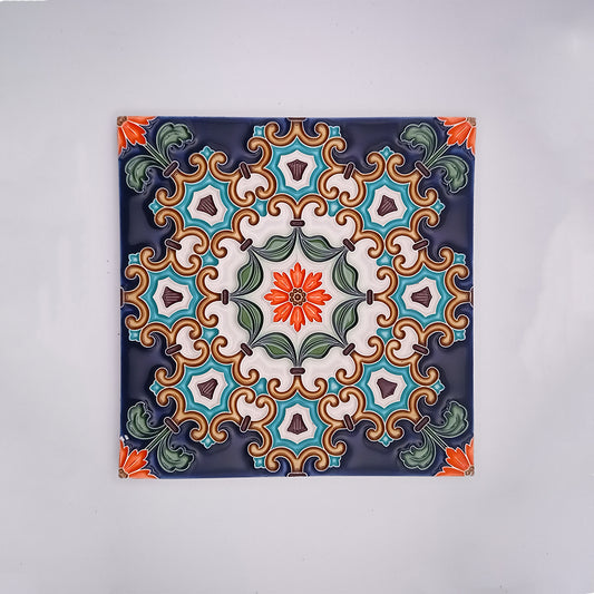 A decorative Sintra Mosaic Tile featuring a symmetrical pattern with vibrant colors, including green, orange, and blue, centered around a red floral design against a dark background by Tejo Shop.