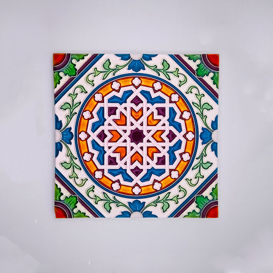 A colorful hand-painted Tejo Shop ceramic tile featuring intricate geometric and floral patterns in shades of blue, green, red, and orange on a white background.