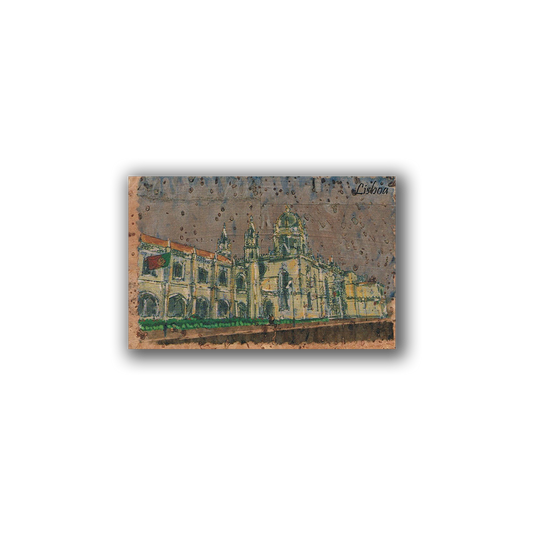 Add a touch of Lisbon to your fridge with the New Jamp Jerónimos Monastery Painting on Cork—this black-framed magnet features a detailed sketch with arches and domes, trees, "Lisboa" in the corner and a textured background.