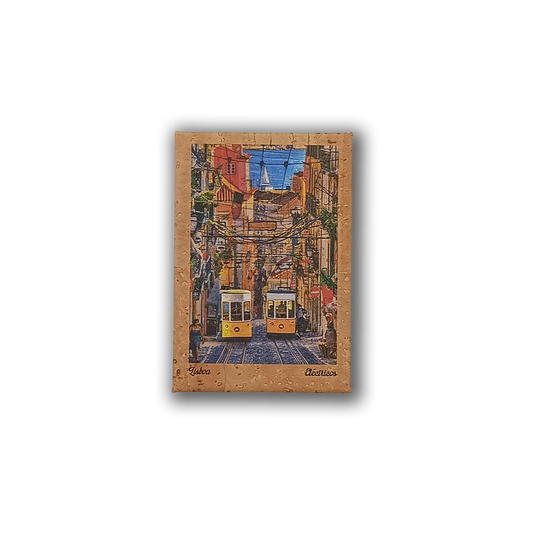 The Lisbon Trams - Cork Fridge Magnet by New Jamp features a vibrant illustration of two yellow trams on a steep Lisbon street with "Lisboa" and "Elétricos" below, capturing the city’s colorful charm.