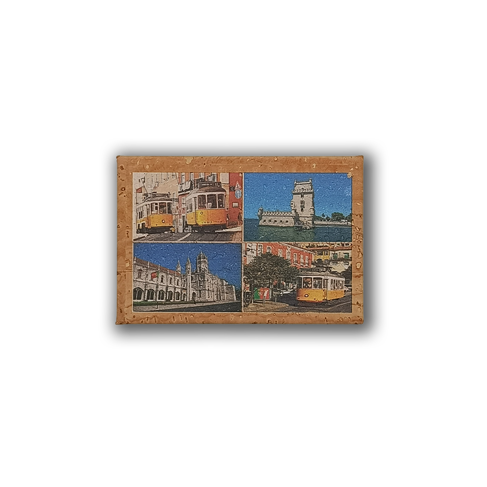 The "Lisbon in photos - Cork Fridge Magnet" by New Jamp features four iconic Lisbon images—vintage yellow trams, Belem Tower, Jerónimos Monastery, and a vibrant street—to celebrate Portugal's tile-making tradition.