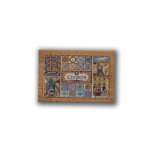 The Remember Lisbon - Cork Fridge Magnet by New Jamp is an eco-friendly Lisbon souvenir with tile-style city scenes, iconic trams, colorful buildings, "LISBOA" at the center, and blue decorative patterns.