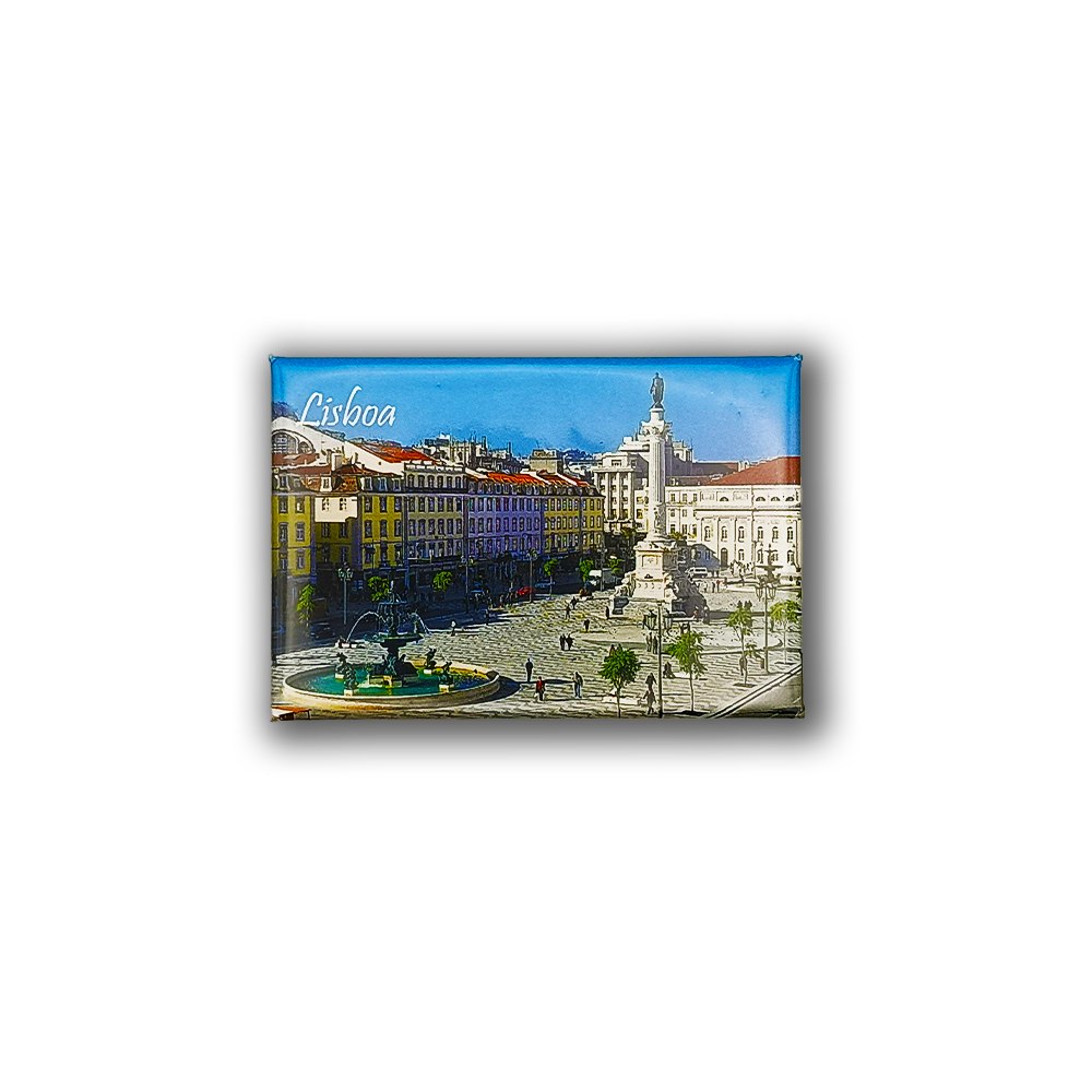 The Rossio Square - Fridge Magnet by New Jamp showcases Lisbon’s iconic square with historic buildings, fountain, statues, and "Lisboa" in white text on a blue sky—a vibrant keepsake of the city.