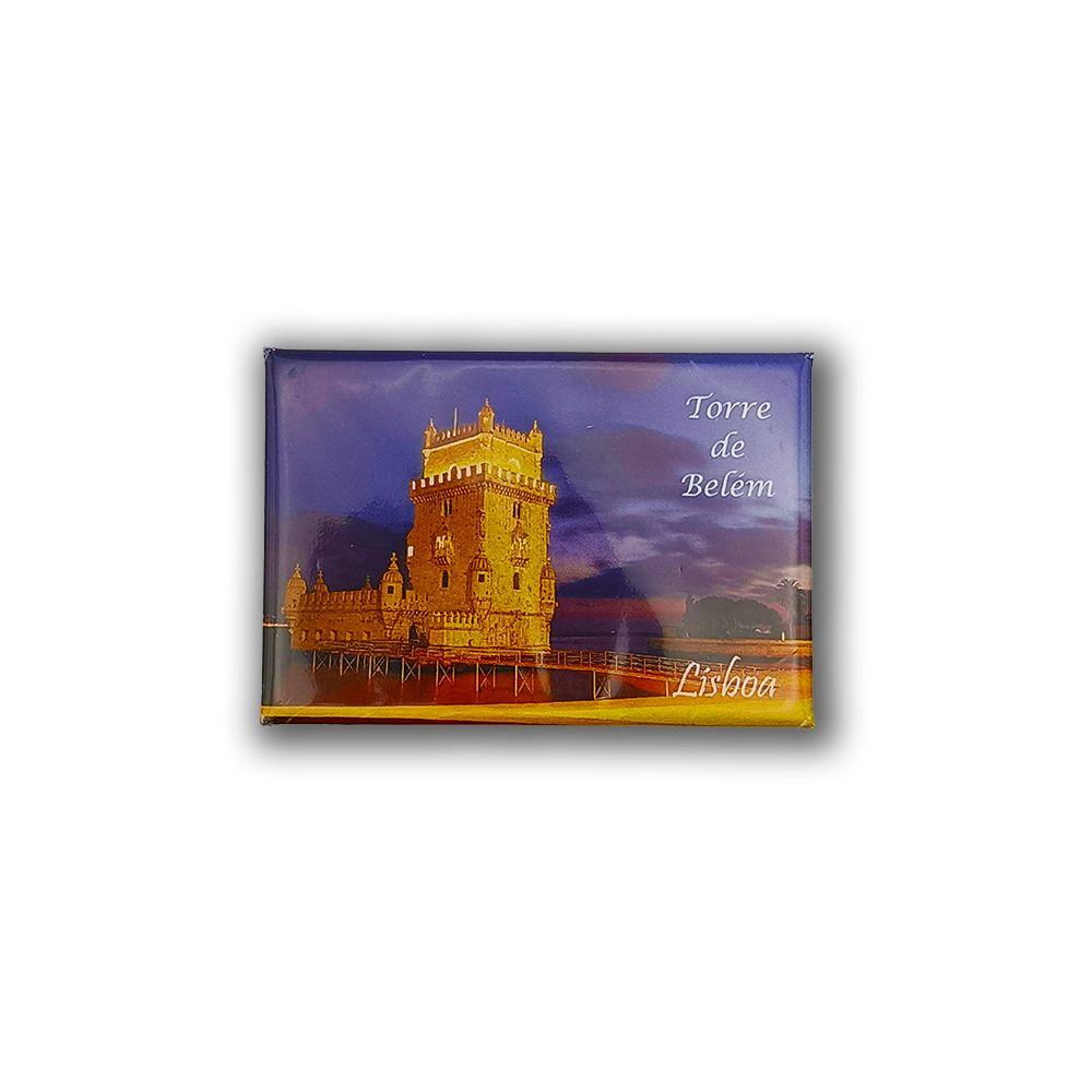 The New Jamp Tower of Belém by Night Fridge Magnet displays an illuminated image of the landmark in Lisbon, with "Torre de Belém" and "Lisboa" text, capturing Portuguese heritage against a twilight sky.